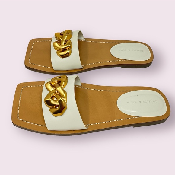 Charles & Keith Chain Accent Leather Slide Sandals in Cream and Gold - Picture 8 of 10